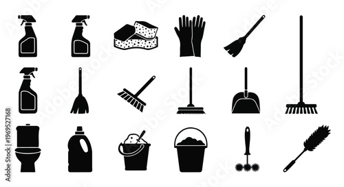 Essential Cleaning Supplies and Tools Silhouettes for Household Hygiene.