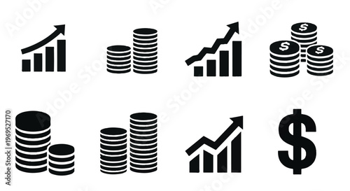 Set of financial growth and money icons, depicting business success and investment.