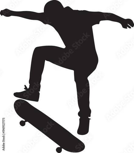 Skateboarder silhouette mid-air performing a trick on a skateboard, capturing the dynamic energy and athleticism of extreme sports.