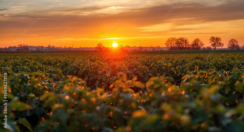 Fototapeta premium Sunlit tomatoes in a flourishing green agriculture field with an orange cloudy sunset sky and copyspace for text