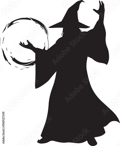 Wizard silhouette conjures a glowing circle of magic with outstretched hands against a white background.