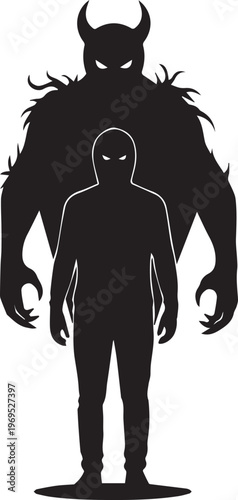 A person's silhouette stands facing forward with a large, menacing monster silhouette looming behind them.