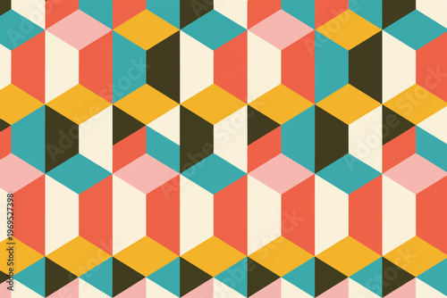 Retro geometric shapes in colorful cuboid illusion background.