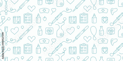 Medical seamless pattern with health and medicine elements in thin line style isolated on white background.
