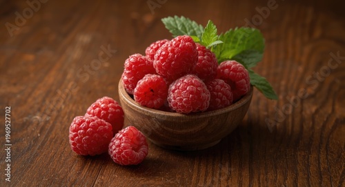 Ripe raspberries gathered in a miniature bowl on a polished wooden surface