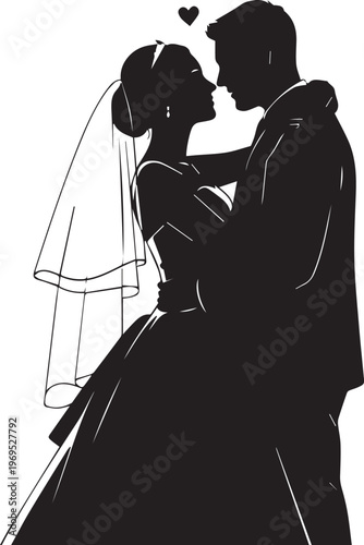 Silhouette of a bride and groom embracing tenderly with a small heart above, symbolizing love and the beginning of a marital union.