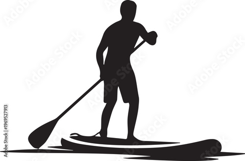 Silhouette of a person standing on a paddleboard and paddling on water with a paddle.