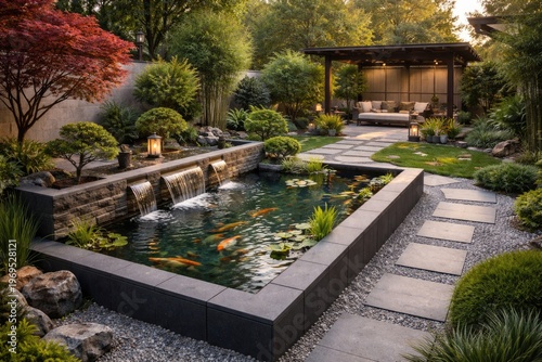 Modern backyard garden with...