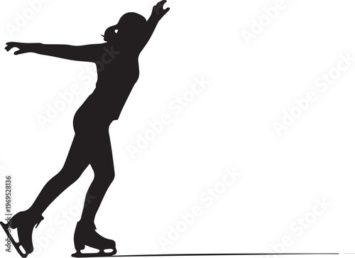 Silhouette of a female figure performing a figure skating jump with arms outstretched.