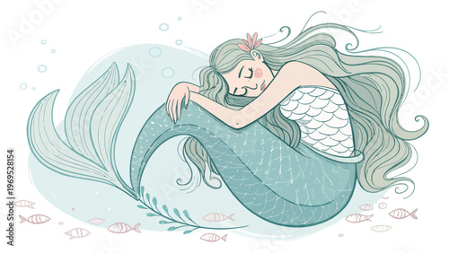 Sleeping mermaid curled up with tail wrapped around her serene underwater scene with fish