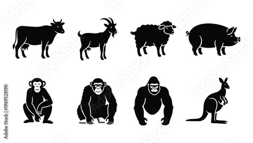 A collection of farm and wild animal silhouettes including a cow pig monkey and kangaroo silhouette high quality professional detailed modern