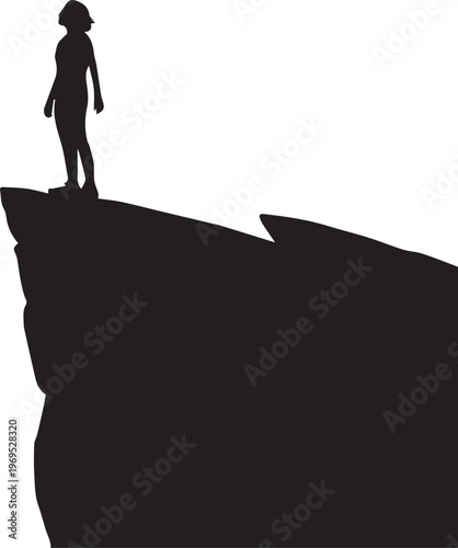 A solitary figure stands silhouetted on the edge of a steep cliff, contemplating a vast, open space, symbolizing challenge and perspective.