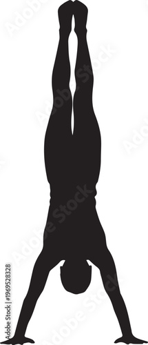 A silhouette of an athlete performing a handstand with legs extended upwards, showcasing strength and balance in a dynamic pose.