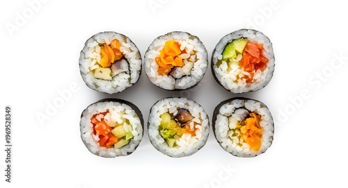 Top view of six sushi rolls...