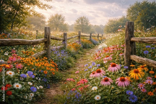 Serene garden with colorful...