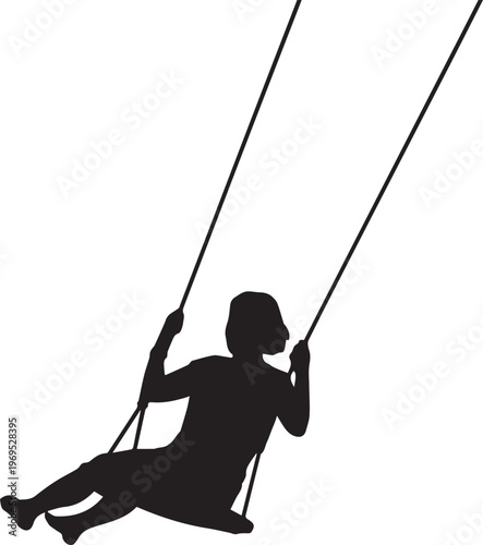 A silhouette of a person swinging on a swing set, captured mid-motion.