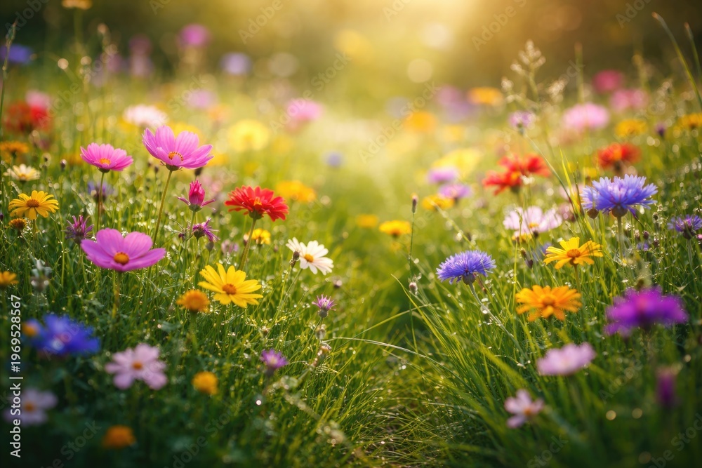 Obraz premium A vibrant collection of flowers blooming in lush green grass with selective focus and a soft blurred backdrop
