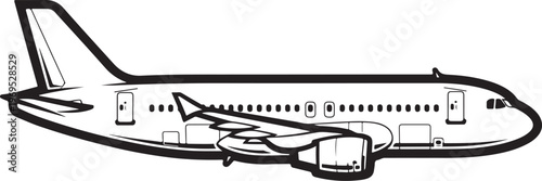 Airplane, commercial jet, aircraft illustration, black and white, vector graphics