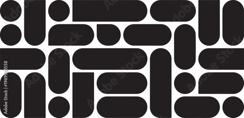 Minimalist black geometric pattern with rounded capsules and circles on transparent background for modern texture composition.