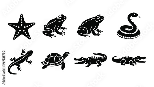 A collection of diverse aquatic and terrestrial animals presented as bold black shapes a striking silhouette high quality professional detailed modern