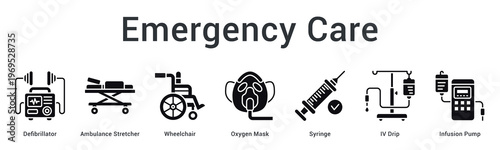 Emergency care banner web icon presents lifesaving equipment for rapid response and critical patient treatment.