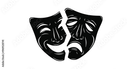 Symbolic broken theater masks representing contrasting emotions of joy and sorrow