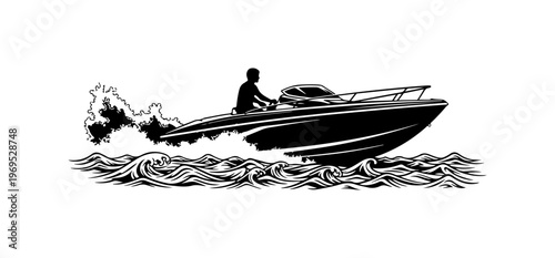 Speedboat Riding on Waves Vector Illustration