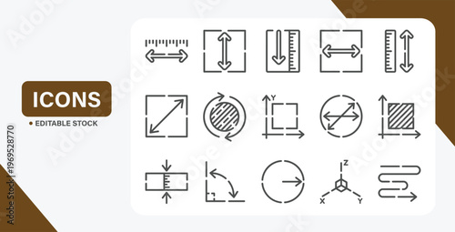 Measure and Length line icons. Scale and Size icon set. Measurement related vector editable stroke icon collection.