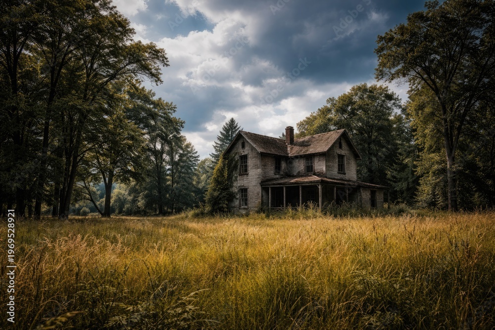 Fototapeta premium abandoned old house in a tall grassy meadow with towering trees under a cloudy blue sky