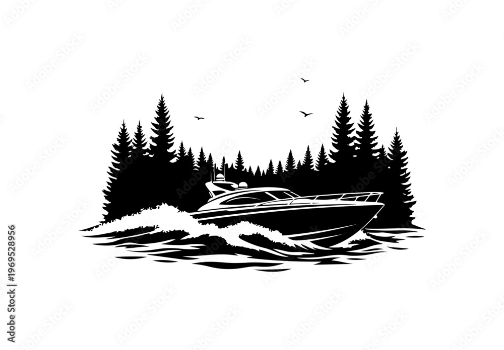 Obraz premium Elegant Yacht in Forest Waterscapes Vector Illustration