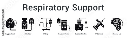 Respiratory support banner web icon provides breathing assistance and airway management for patient respiratory care.
