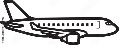 Airplane, commercial jet, aircraft icon, black line art, travel symbol