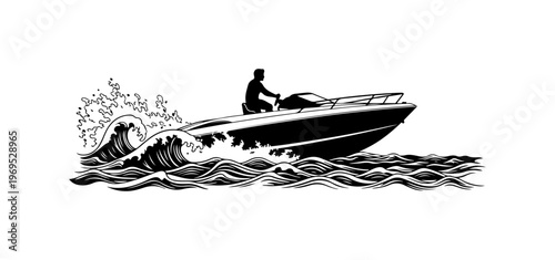 Man Riding Speedboat Through Waves Vector Illustration