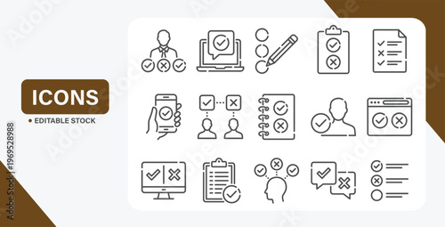 Survey related line icon set. Checklist vector linear icon collection. Quiz and feedback report outline icons.