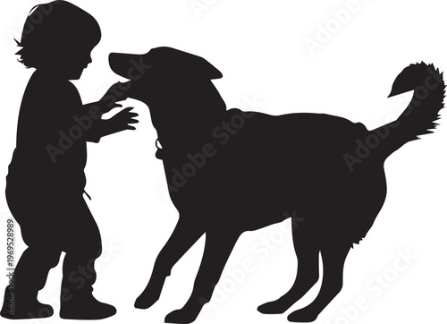 Child silhouette plays with a dog silhouette on a white background.