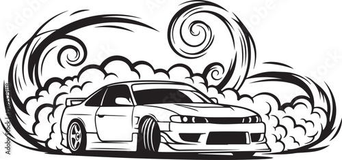 Drifting Car Vector, Racing Illustration, Black and White Sports Car, Smoke Trail
