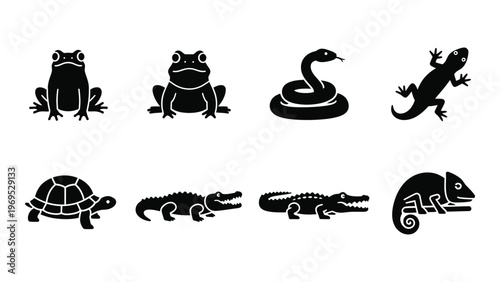 A collection of black reptile and amphibian silhouettes including frogs lizards crocodiles and a chameleon silhouette high quality professional detailed modern