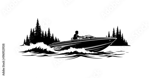 Luxury Speedboat in Forest Waters
