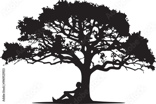 Large tree silhouette provides shade for a person sitting calmly underneath its wide canopy, creating a peaceful and serene scene.