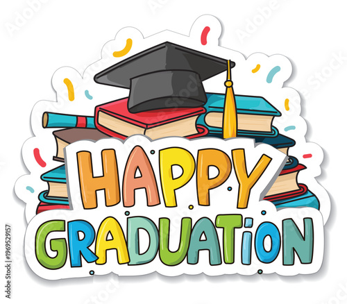 Happy Graduation logo or sticker. Cheerful graduation graphic with books, certification and graduation hat. Training or education concept. Colorful for banner for cards, poster and banners.
