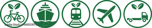 Set of ecological green transport icons representing various modes of transportation with leaves for environmental friendliness.