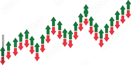 Abstract financial chart showing fluctuating trends with green upward arrows and red downward arrows indicating market changes.