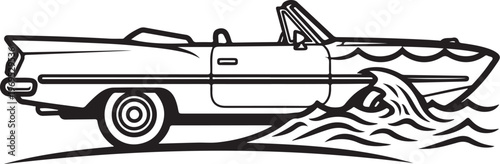 Vintage convertible car, classic automobile, black and white illustration, vector graphics