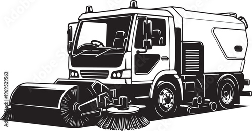 Street Sweeper Truck, Urban Cleaning Vehicle, Municipal Maintenance Truck, Black and White Illustration