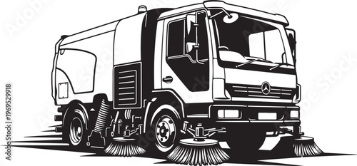 Street Sweeper Truck, Urban Cleaning Vehicle, Municipal Maintenance, Black and White Illustration