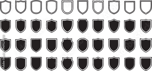 Shield icons collection of black linear and filled protection symbols for security safety insurance and defense badge interface.
