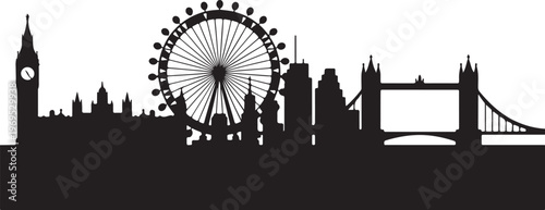 London city skyline silhouette vector illustration featuring big ben ferris wheel tower bridge and urban landmarks architecture.