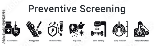 Preventive screening banner web icon provides immunization and testing for disease prevention and early detection.