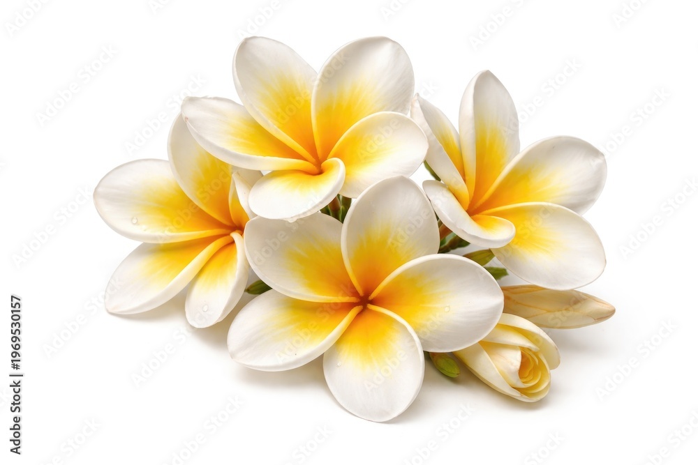 Fototapeta premium Yellow and white frangipani flowers blooming vividly isolated on white background with clipping path