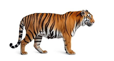 Profile position of an endangered Amur tiger on a white photographic backdrop